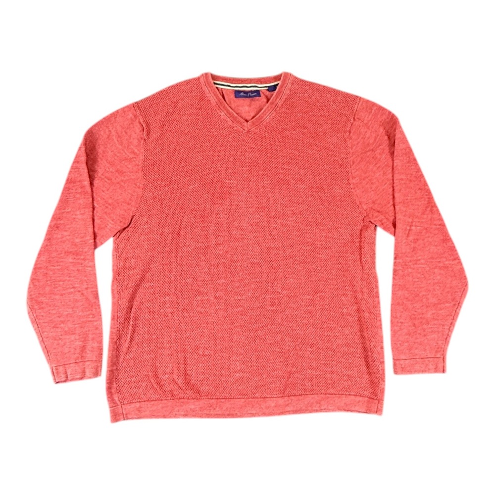 Alan Flusser V-Neck Sweater Mens L Coral Red Textured Waffle Knit Long Sleeve
